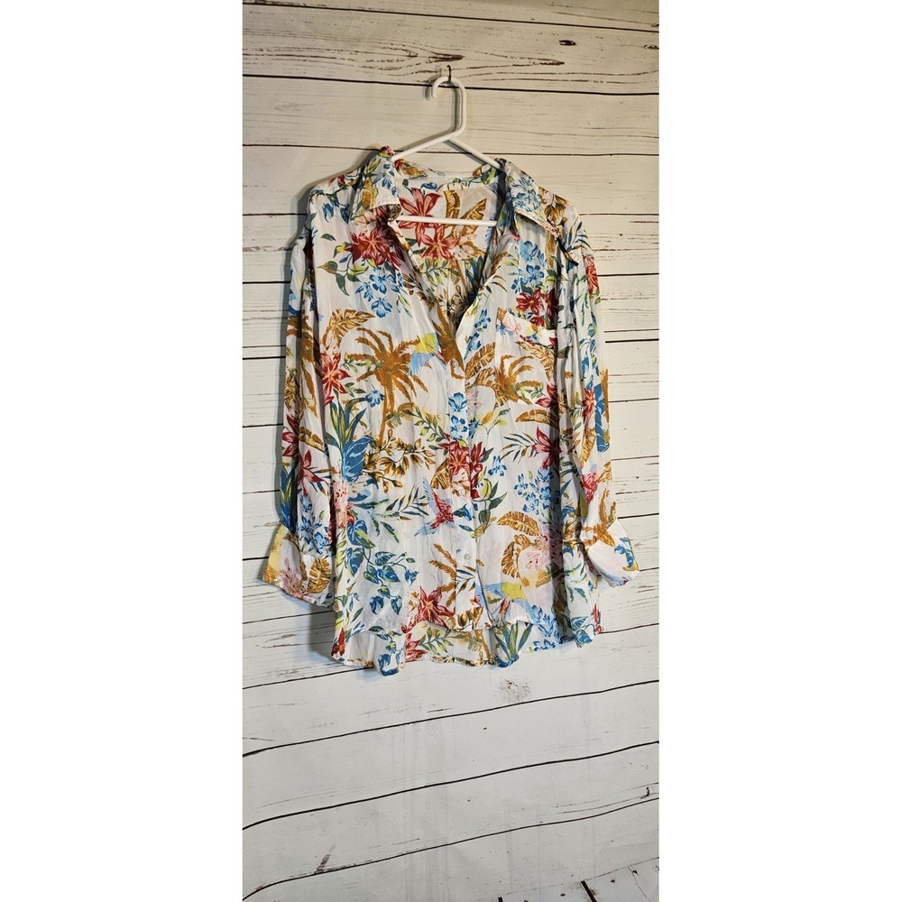 Elan Tropical Floral Palm Tree Button Up‎ Shirt Women's Small White